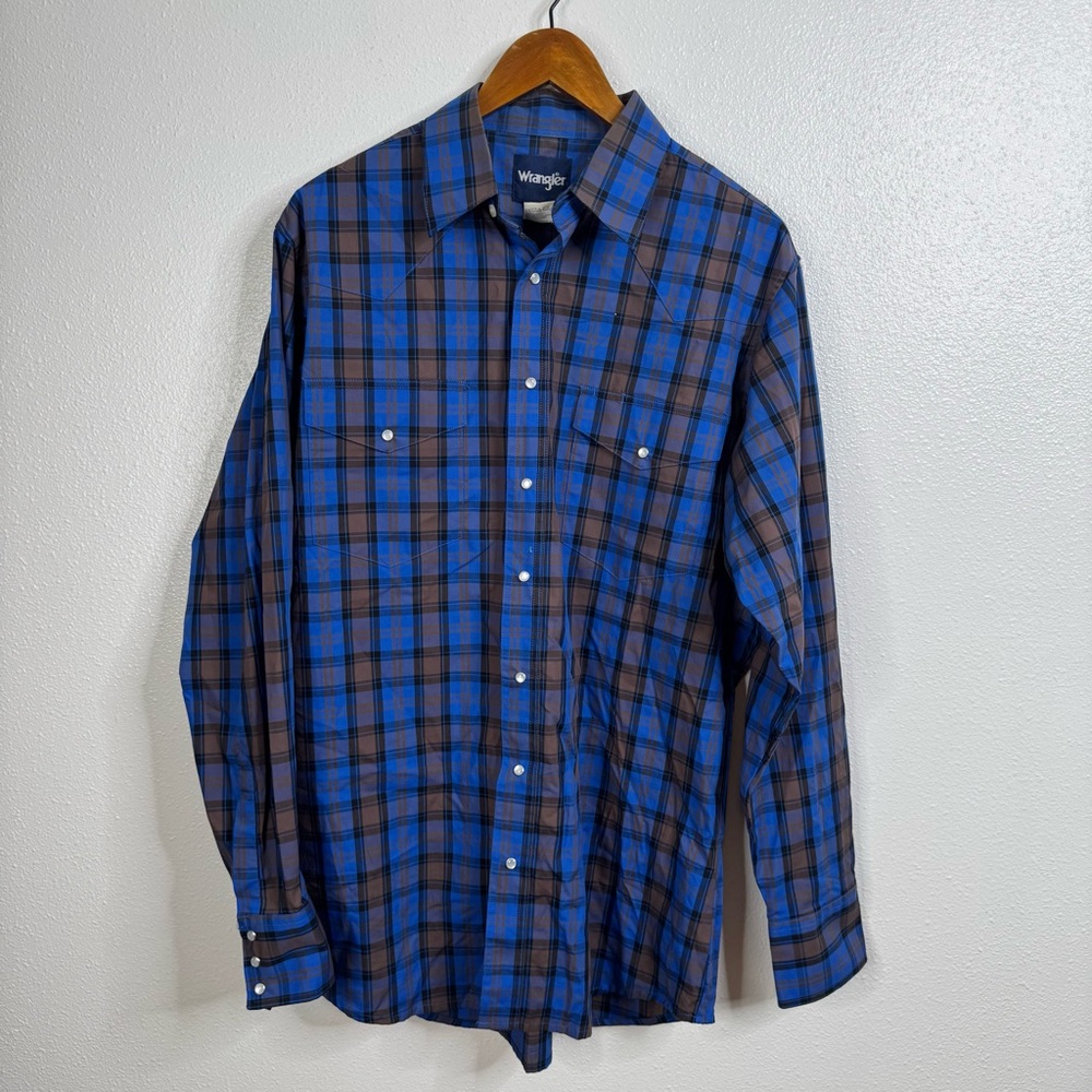 Wrangler Blue Plaid Pearl Snap Long Sleeve Shirt Size Large Tall